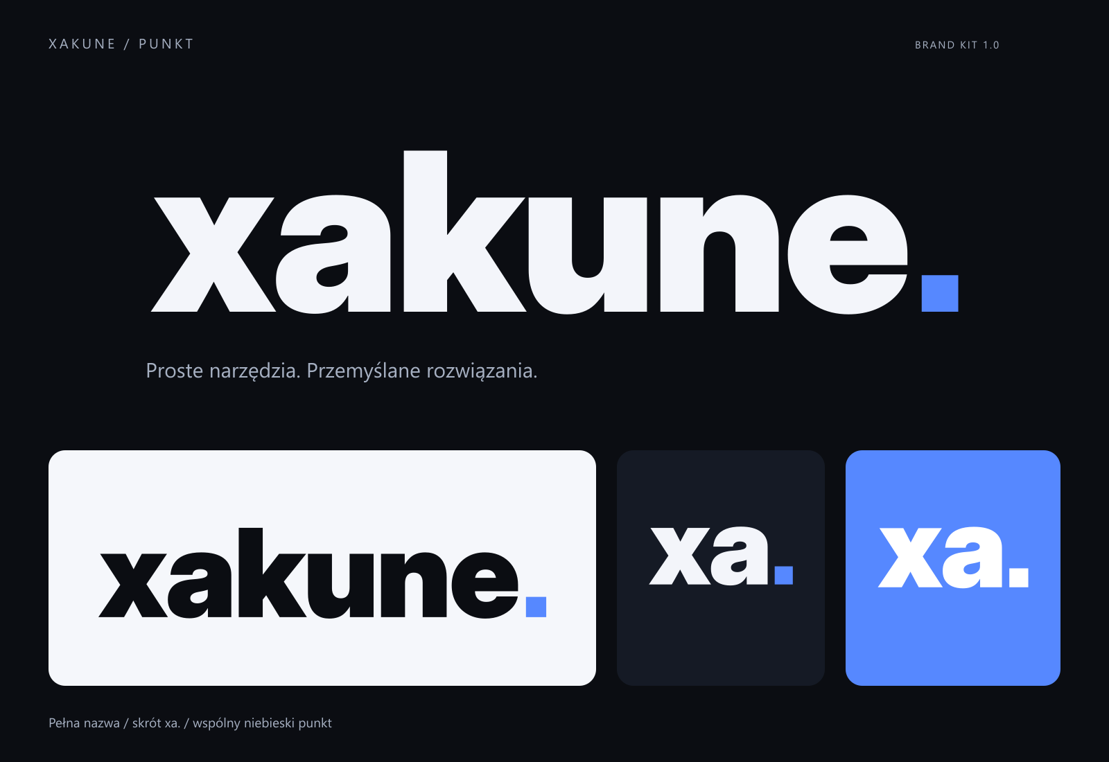 Logo xakune. i skrót xa. na jasnym, ciemnym i niebieskim tle