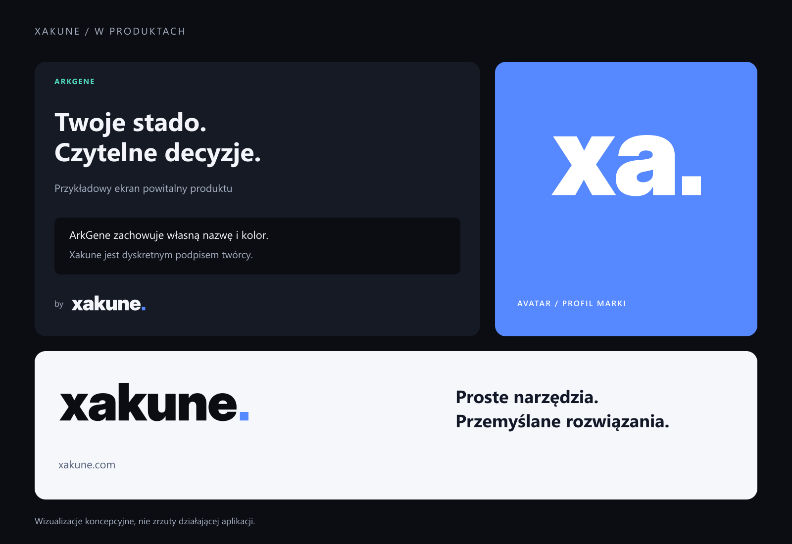 Przykładowy podpis Xakune w produkcie, avatar i materiał promocyjny
